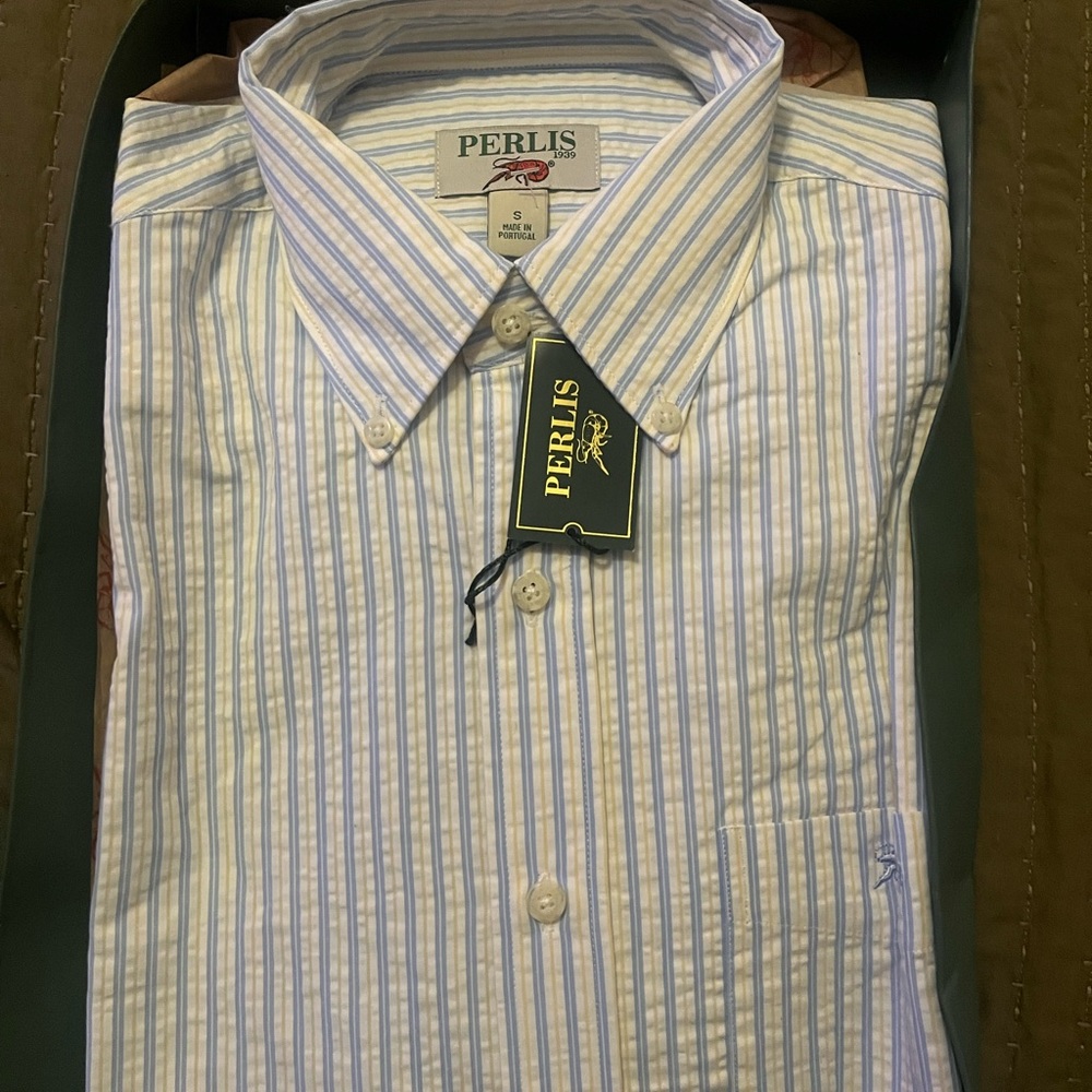 Blue and White Vertical Striped Dress Shirt